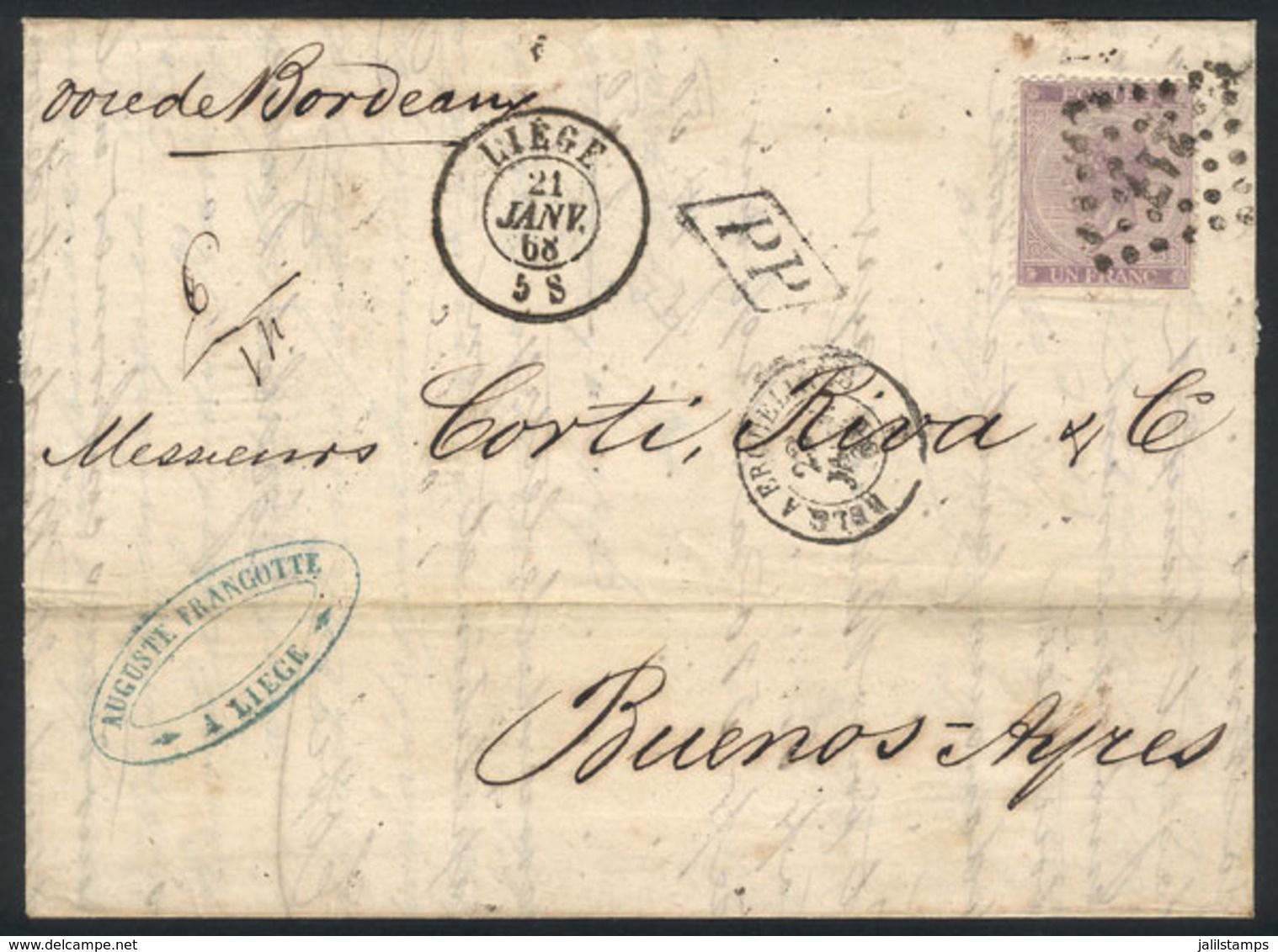 BELGIUM: 21/JA/1868 LIEGE - Argentina: Folded Cover Franked By Sc.22 (Leopold I 1Fr.), Numeral 217 Cancel, Sent By Frenc - Autres & Non Classés