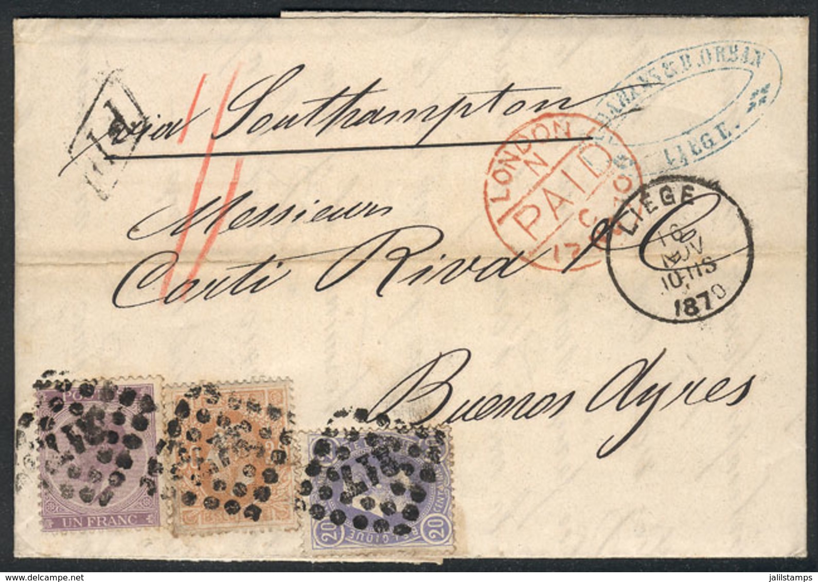 BELGIUM: RARE COMBINATION: 16/NO/1870 LIEGE - Argentina: Entire Letter Franked By Sc.22 (Leopold I 1Fr.) + 33 + 34 (Leop - Autres & Non Classés