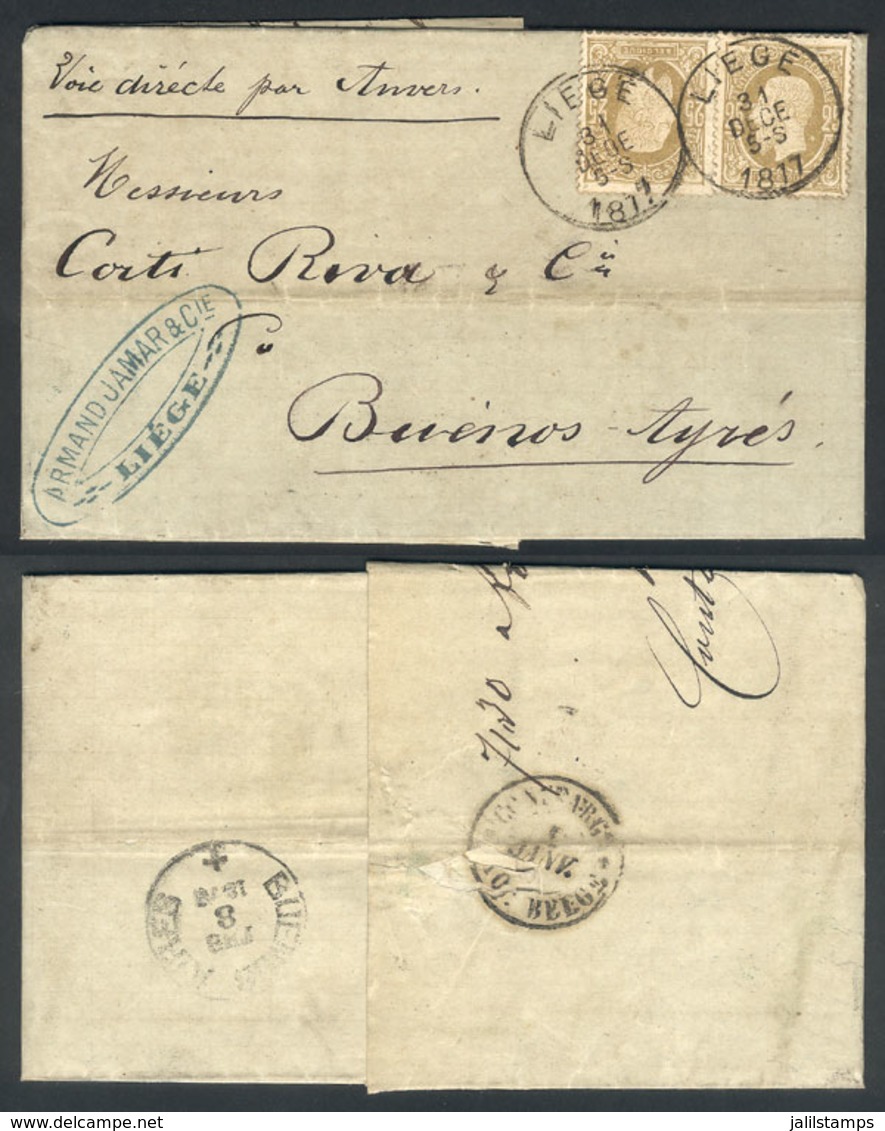 BELGIUM: 31/DE/1877 LIEGE - Argentina: Entire Letter Franked By Sc.37 X2 (Leopold II 25c.) With Datestamp Of Liege, With - Autres & Non Classés