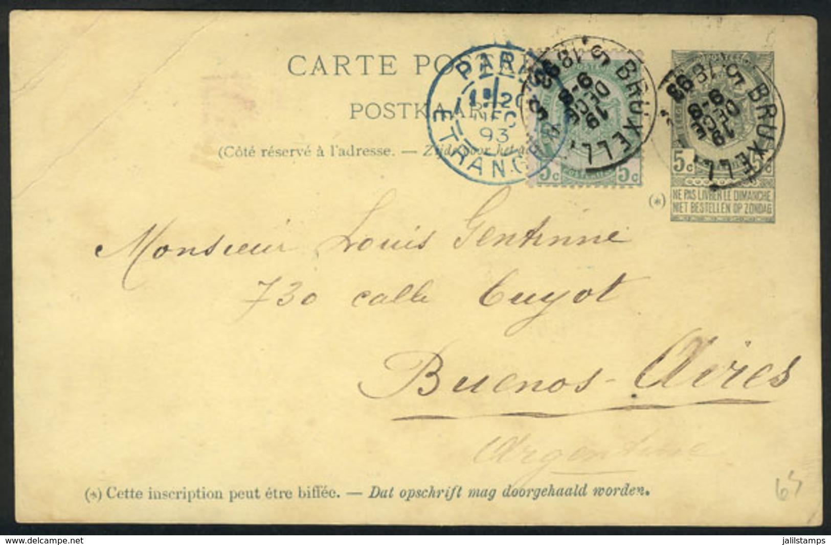 BELGIUM: 5c. Postal Card + 5c. Additional Postage, Sent From Bruxelles To Argentina On 19/DE/1893, With Paris Transit Ma - Autres & Non Classés