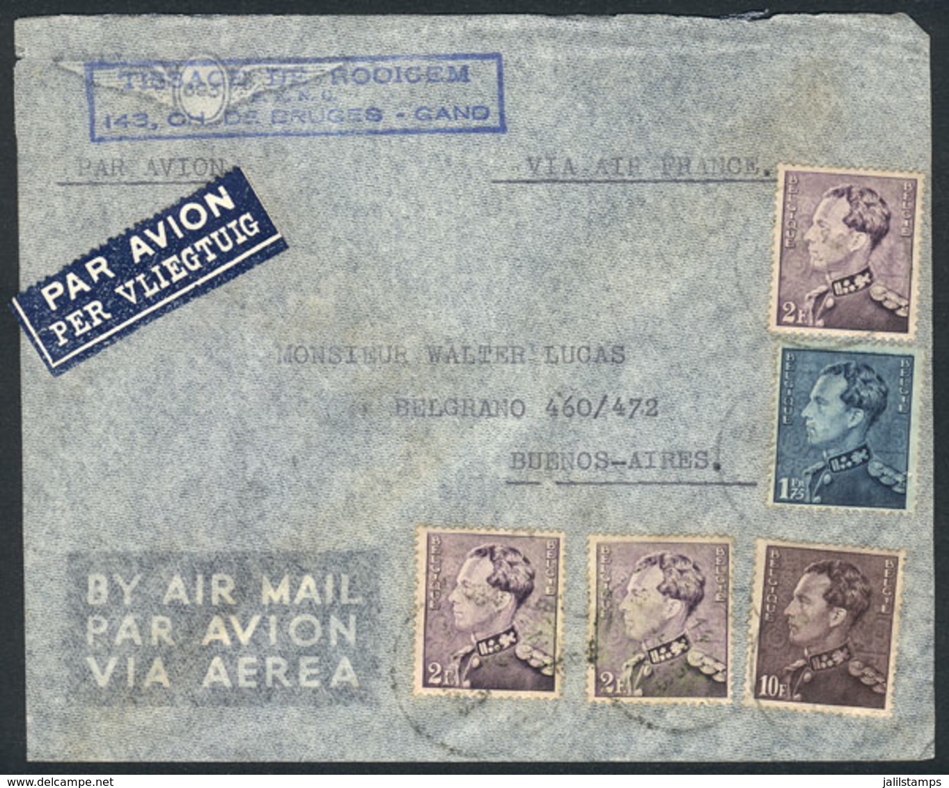 BELGIUM: Airmail Cover Franked 17.75Fr., Sent From Gand To Argentina On 14/OCT/1938, VF! - Other & Unclassified