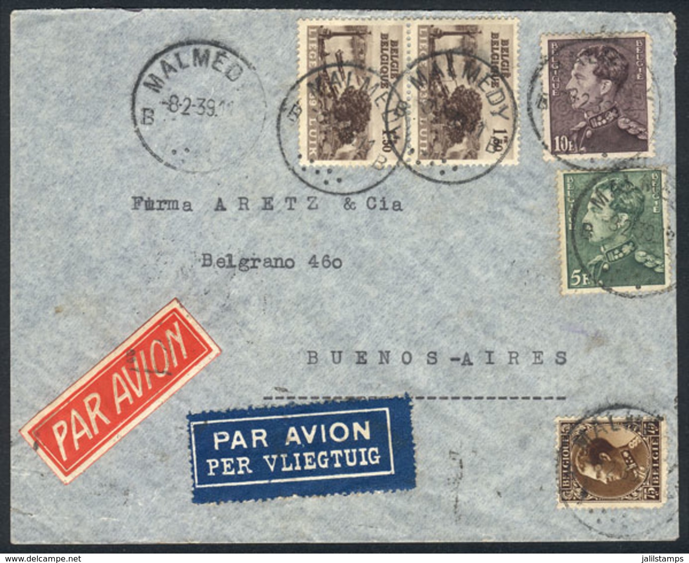 BELGIUM: Airmail Cover Franked 18.75Fr., Sent From Malmedy To Argentina On 2/AUG/1939, VF Quality! - Other & Unclassified