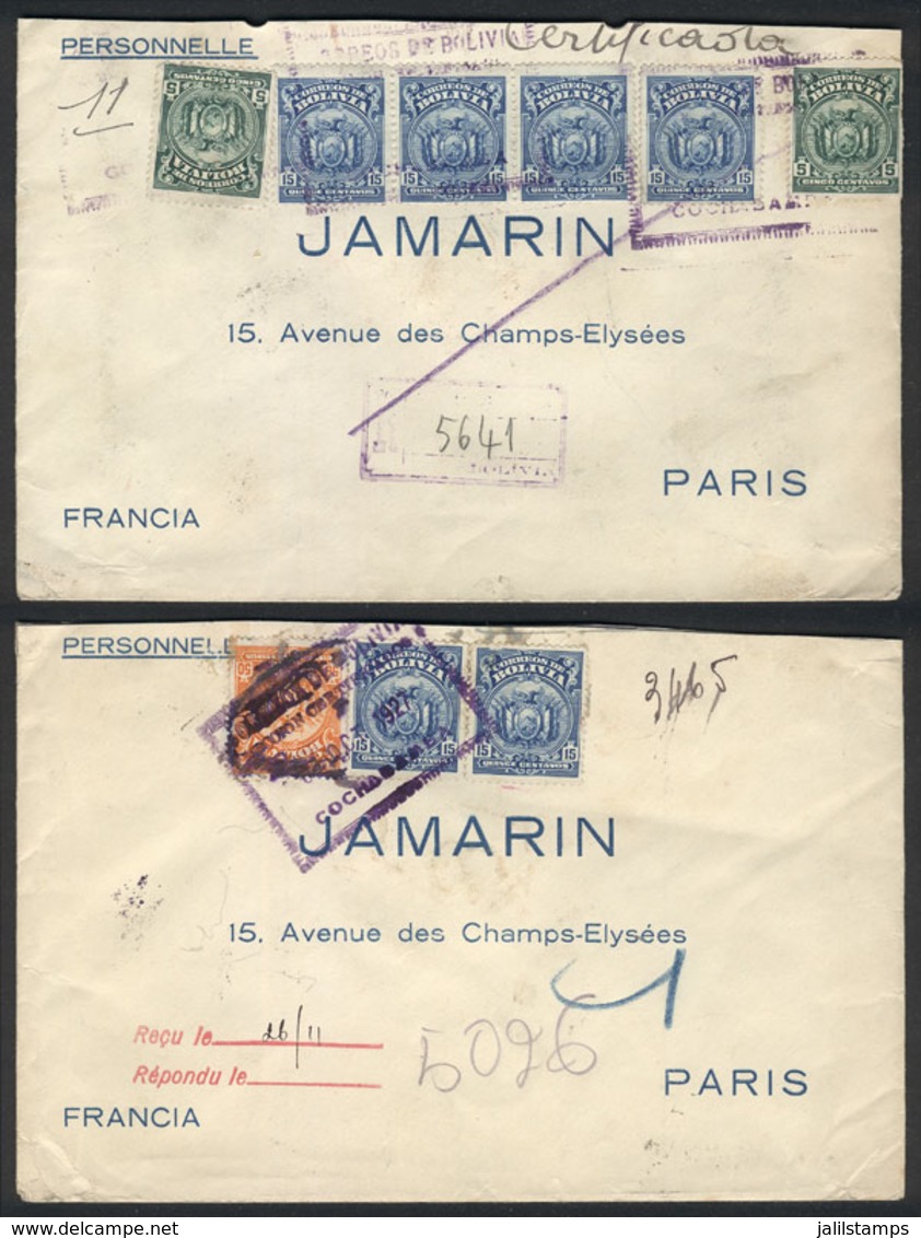 BOLIVIA: 2 Registered Covers Sent To France In 1926 And 1927, With Interesting Frankings, VF Quality! - Bolivie