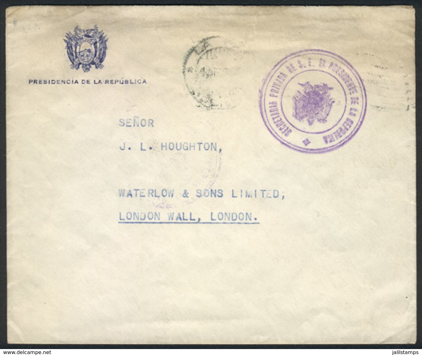 BOLIVIA: Cover With Header Of Presidencia De La República, Sent To London With Postal Franchise (circa 1940), Very Inter - Bolivie