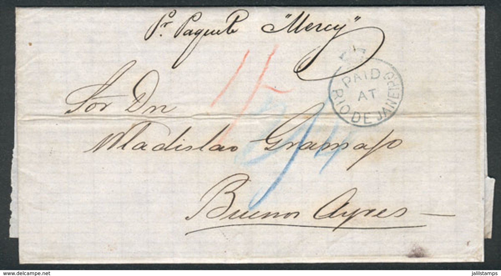 BRAZIL: Long Entire Letter Dated PELOTAS 16/FE/1865, Sent To Buenos Aires By Paquete Mercy, On Reverse It Received A Dat - Autres & Non Classés