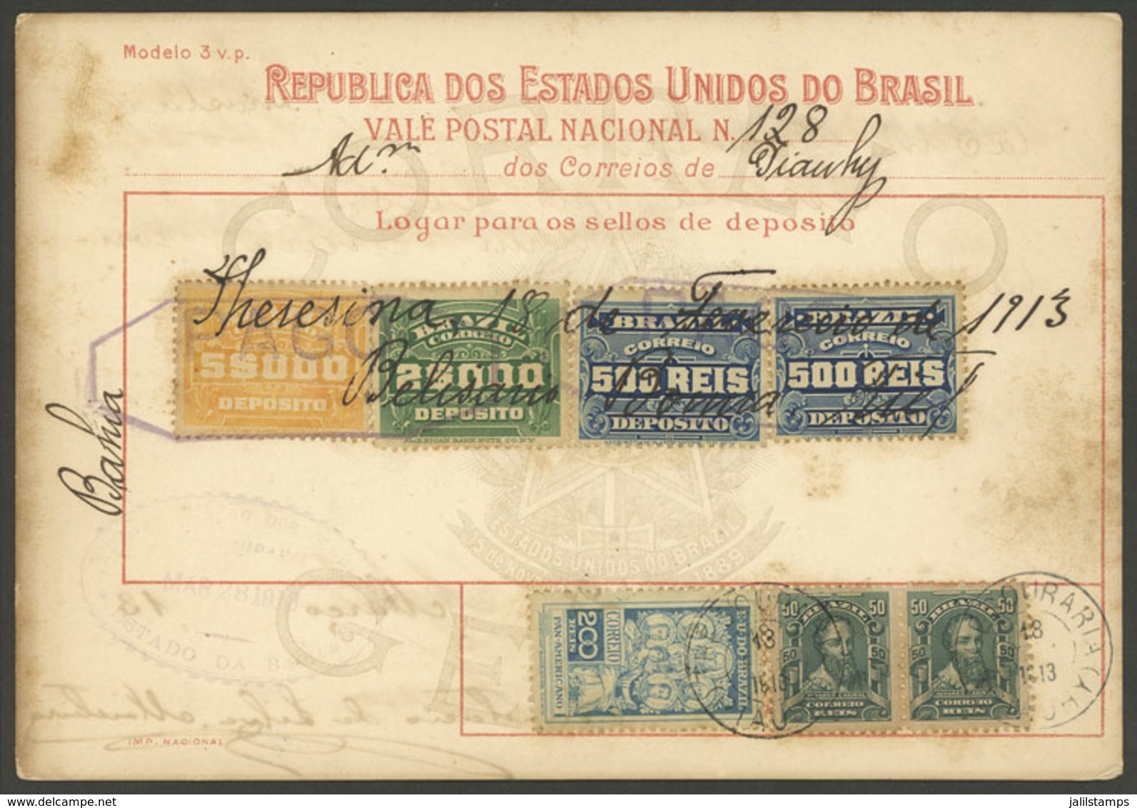 BRAZIL: Postal Money Order (Vale Postal Nacional) Used On 28/MAR/1913, Franked With RHM.C-9 + Another Value, VF And Rare - Andere & Zonder Classificatie