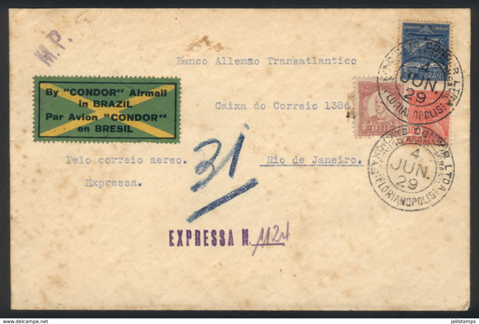 BRAZIL: 4/JUN/1929 FLORIANOPOLIS - Rio De Janeiro: Express Airmail Cover, By Condor, With Interesting Backstamps Adverti - Autres & Non Classés
