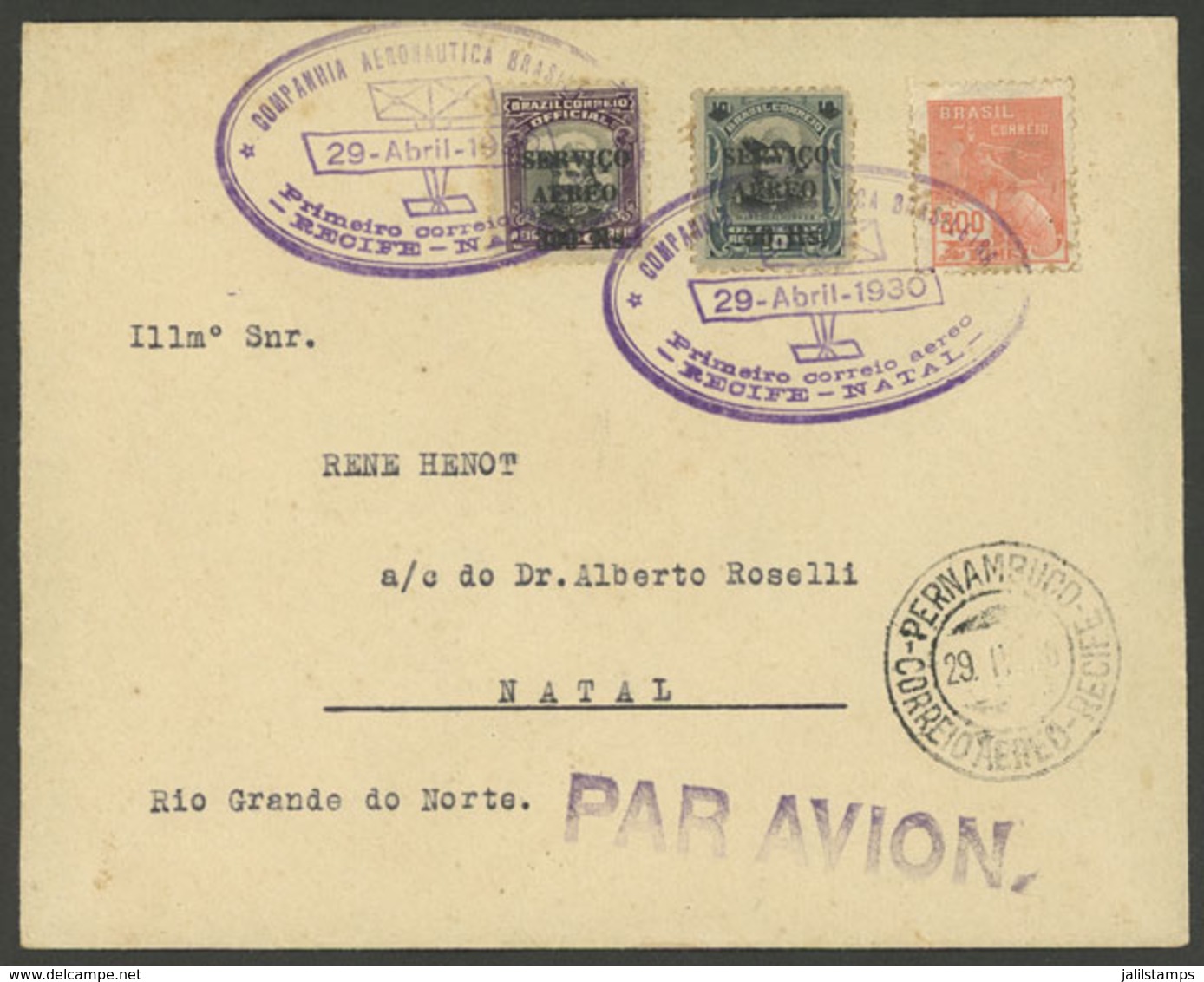 BRAZIL: 29/AP/1930: First Airmail Recife - Natal Via Companhia Aeronautica Brasileira (CAB), Fine Quality, Rare! - Other & Unclassified