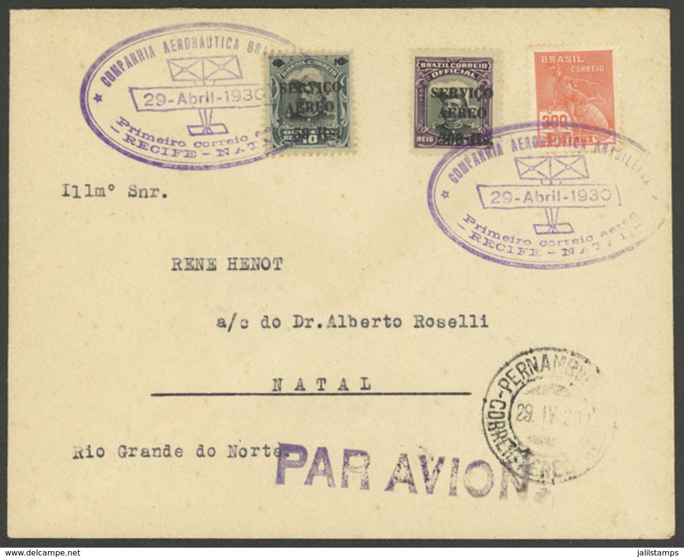 BRAZIL: 29/AP/1930 Recife - Natal: Cover Carried On First Airmail By C.A.B., VF Quality! - Other & Unclassified