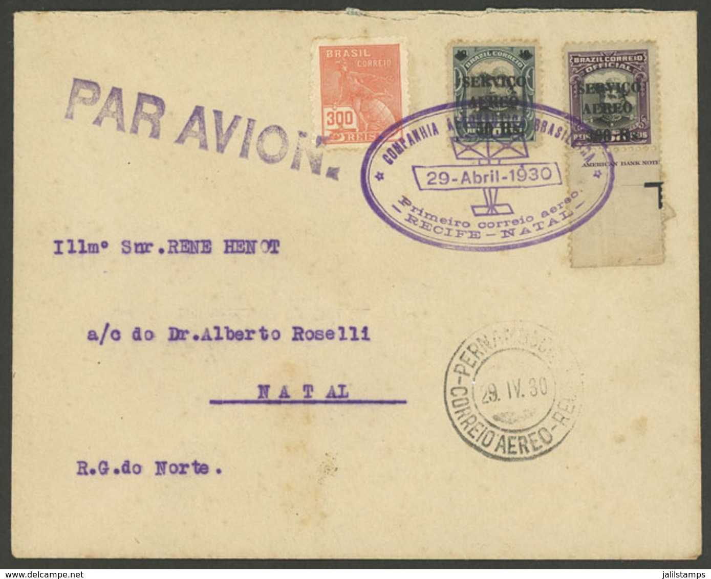 BRAZIL: 29/AP/1930 CAB First Flight Recife - Natal, With Special Violet Oval Mark, VF Quality! - Autres & Non Classés