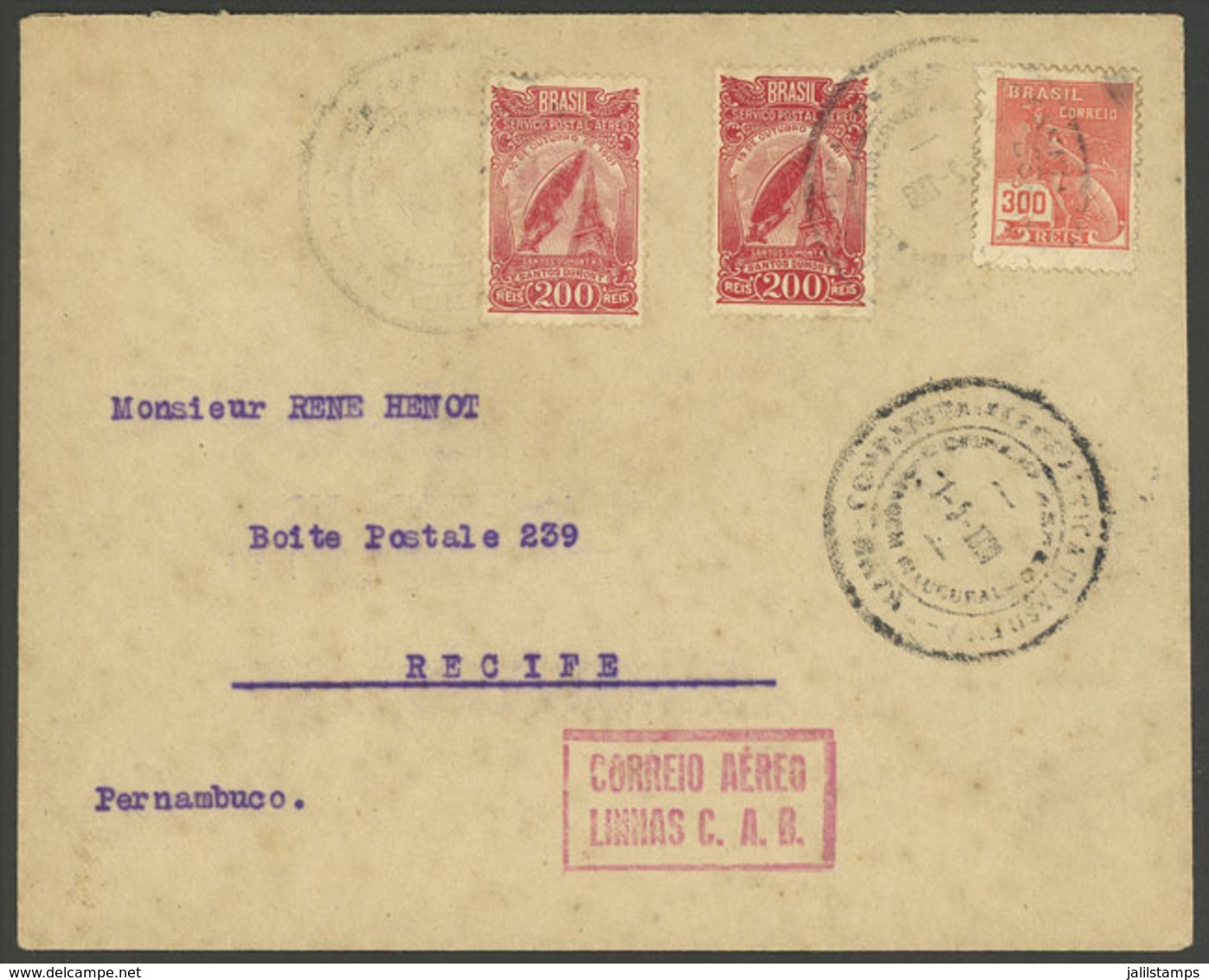 BRAZIL: 1/MAY/1930 Natal - Recife: C.A.B. First Flight, Cover Of VF Quality, With Special Handstamp Of The Flight And Ar - Autres & Non Classés