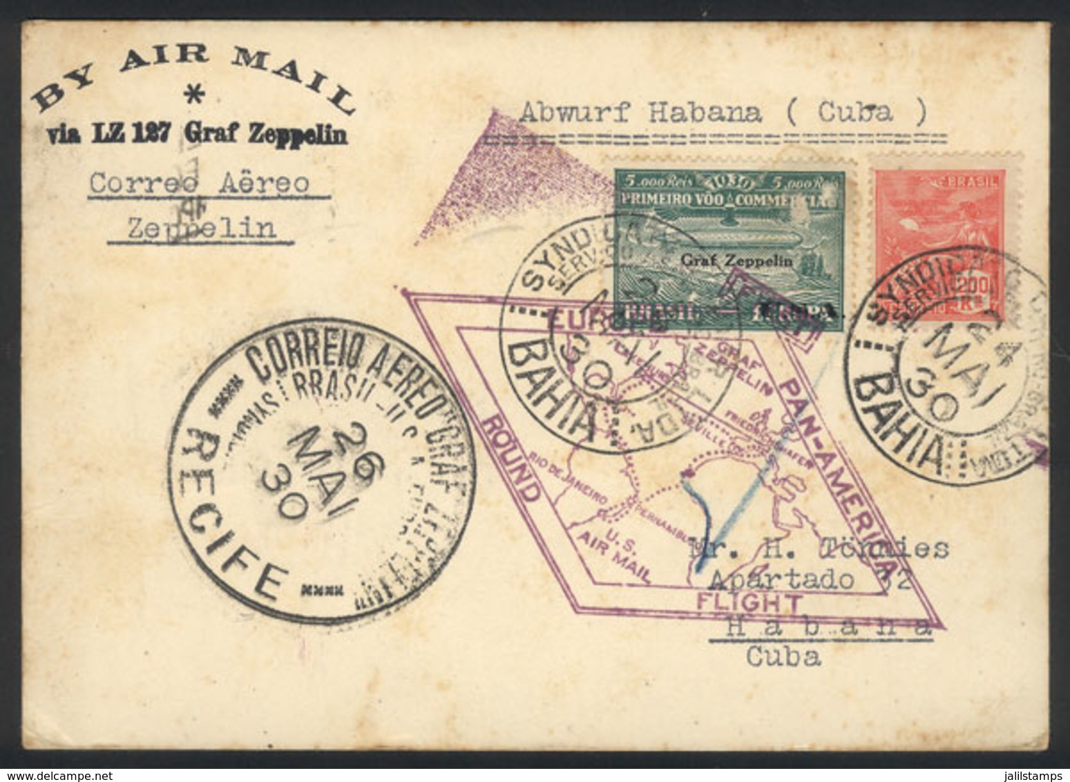 BRAZIL: 24/MAY/1930 BAHIA - HAVANA (Cuba) By ZEPPELIN: Postcard With Special Postage (Sc.4CL8 With Minor Defect + Anothe - Other & Unclassified