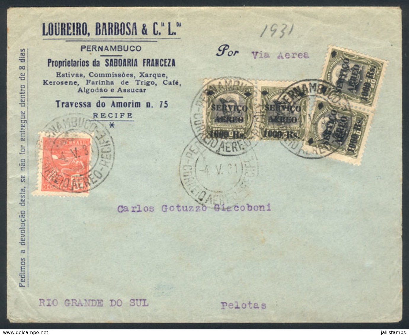 BRAZIL: Cover Franked With Rs. 4200, Sent From Recife To Pelotas On 4/MAY/1931 By Airmail, VF Quality! - Autres & Non Classés