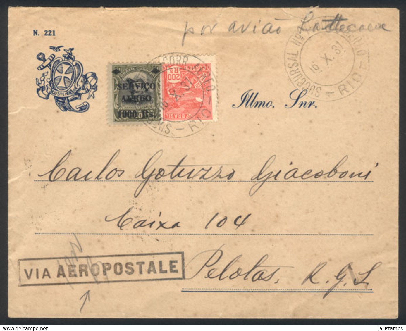 BRAZIL: 16/OC/1931 RIO DE JANEIRO - Pelotas: Airmail Cover Sent VIA AEROPOSTALE, Arrival Backstamp Of 19/OCT, VF Quality - Sonstige & Ohne Zuordnung