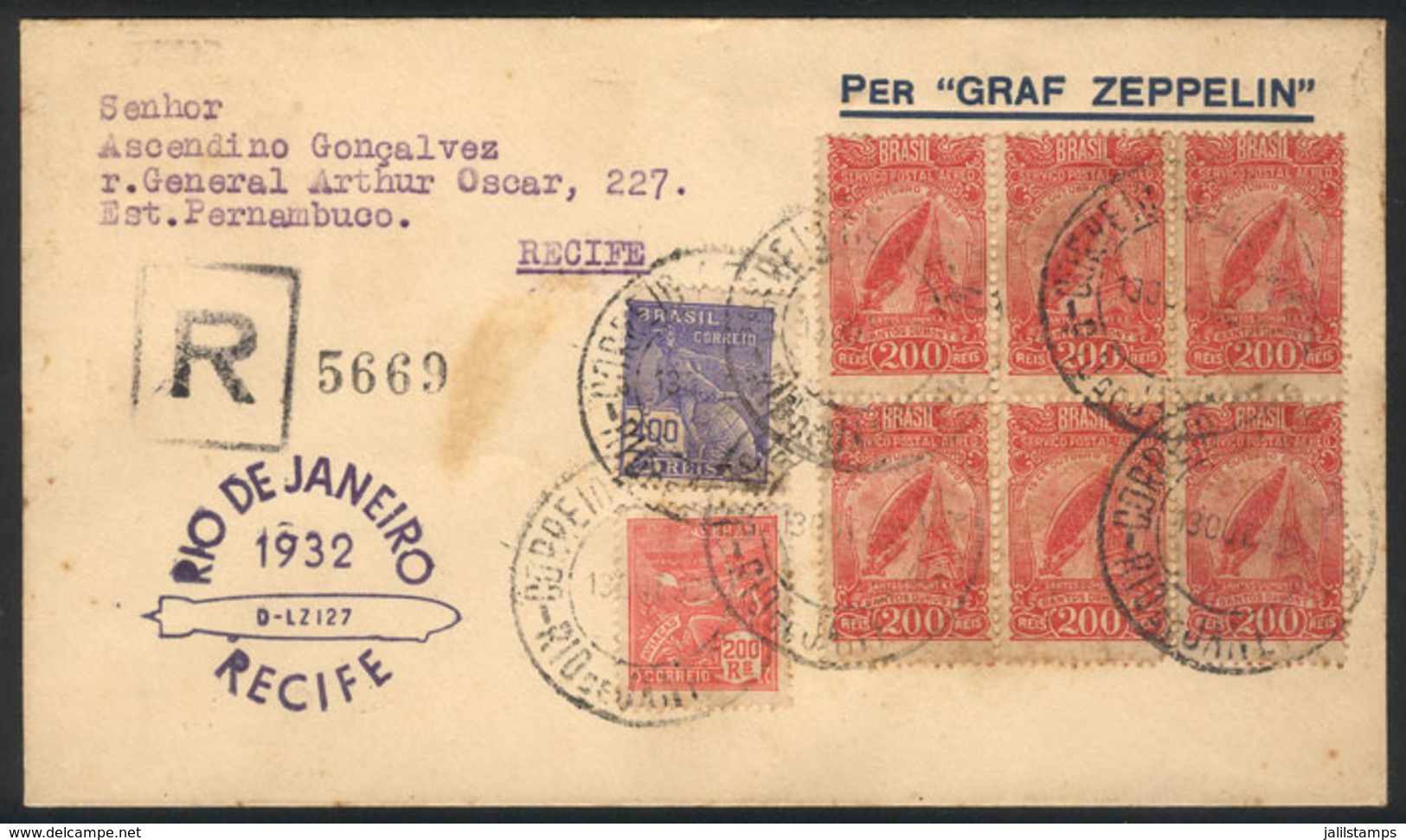 BRAZIL: ZEPPELIN: Registered Cover Sent From Rio De Janeiro To Pernambuco On 13/NO/1932, Arrival Backstamp, Very Fine Qu - Autres & Non Classés