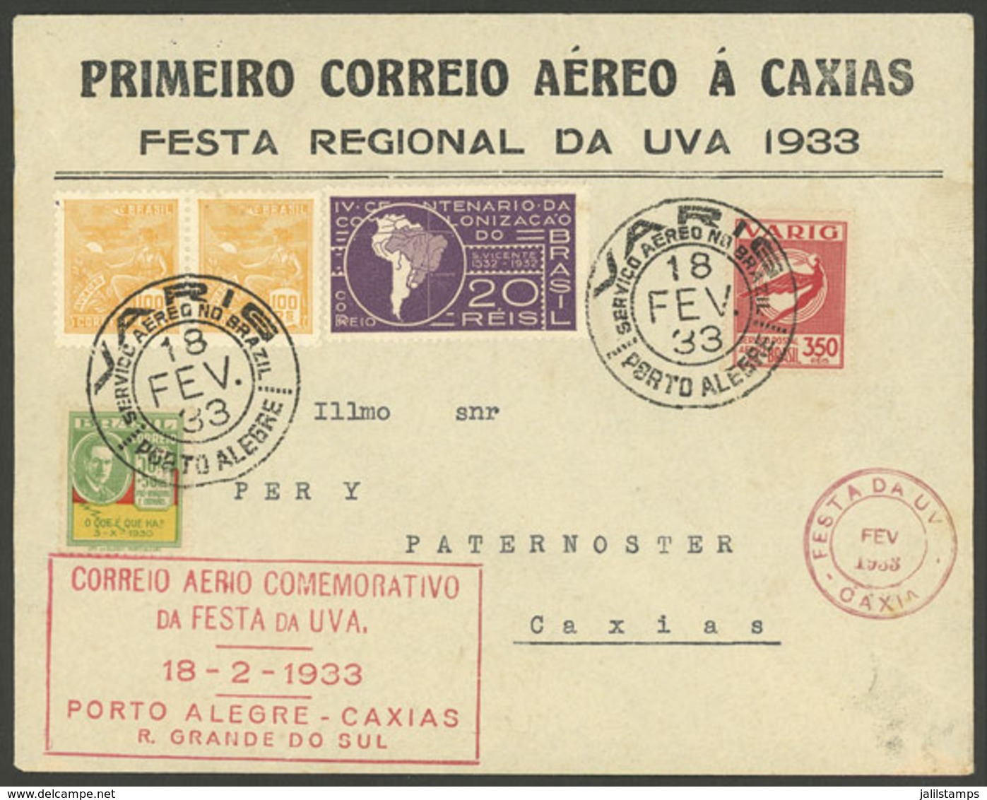 BRAZIL: 18/FE/1933 VARIG Special Flight Porto Alegre - Caxias, Commemorating The Grape Festival, VF Quality! - Sonstige & Ohne Zuordnung