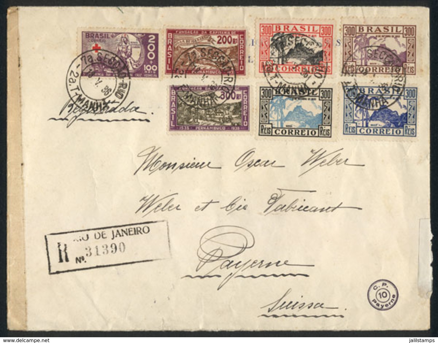 BRAZIL: Registered Cover With Multicolored Postage (7 Different Commemorative Stamps), Sent To Switzerland On 19/MAY/193 - Andere & Zonder Classificatie