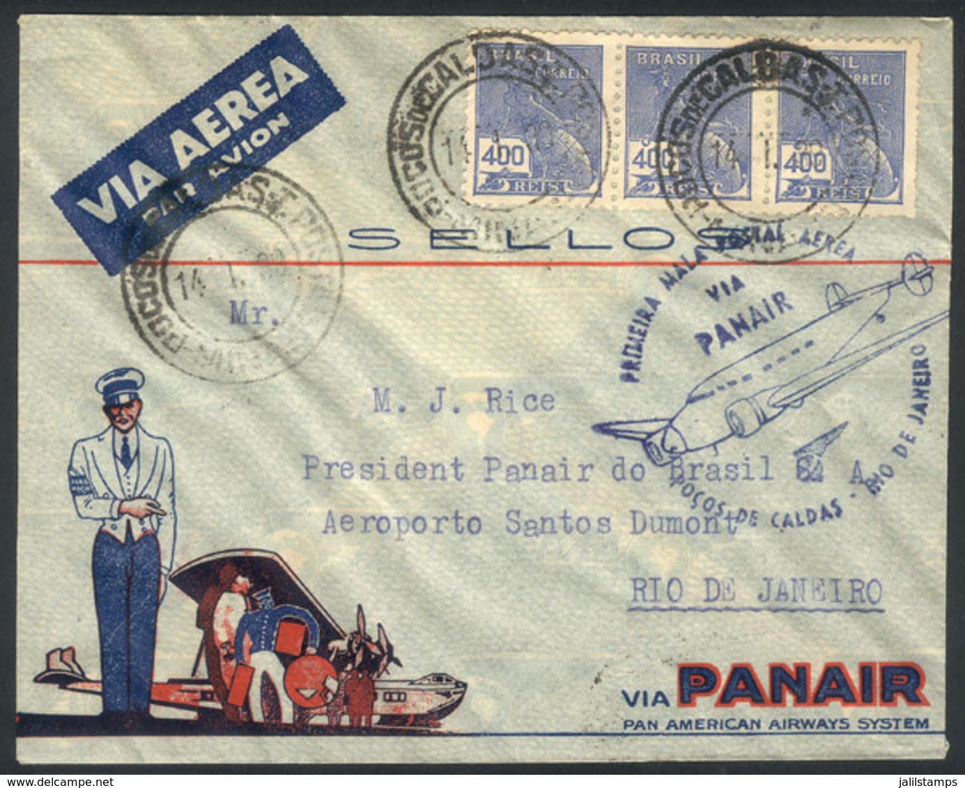 BRAZIL: 14/JA/1939 POCOS DE CALDAS - Rio De Janeiro: First Air Mail Service By PANAIR, Arrival Backstamp, Excellent Qual - Otros & Sin Clasificación