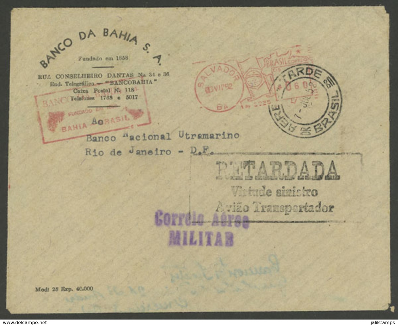 BRAZIL: MILITARY PLANE CRASH: Cover Sent From Recife To Rio De Janeiro In JUL/1952 Via MILITARY AIRMAIL, With Rectangula - Sonstige & Ohne Zuordnung