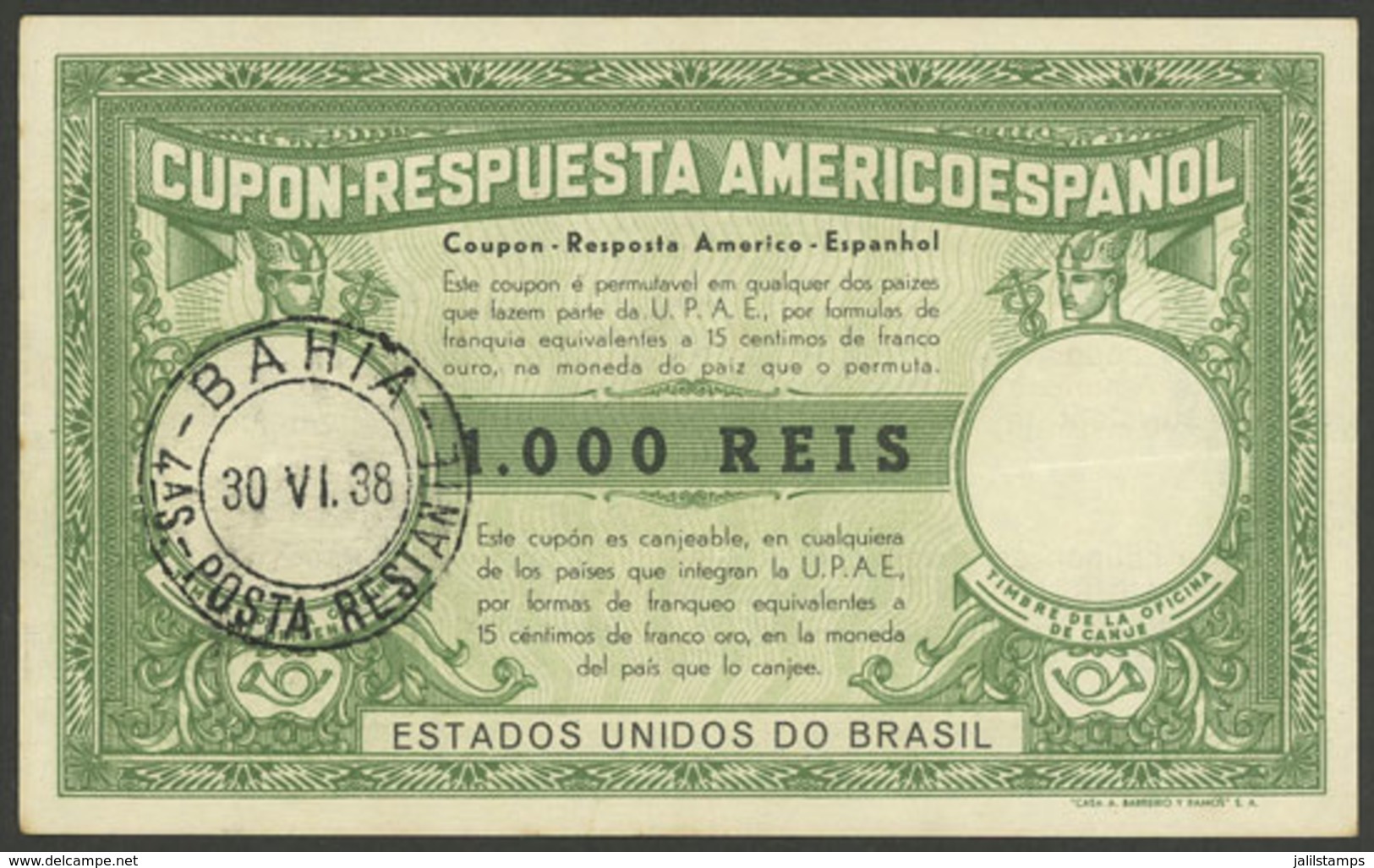 BRAZIL: 1000Rs. Americo-Español Reply Coupon Of The Year 1938, Very Rare! - Andere & Zonder Classificatie