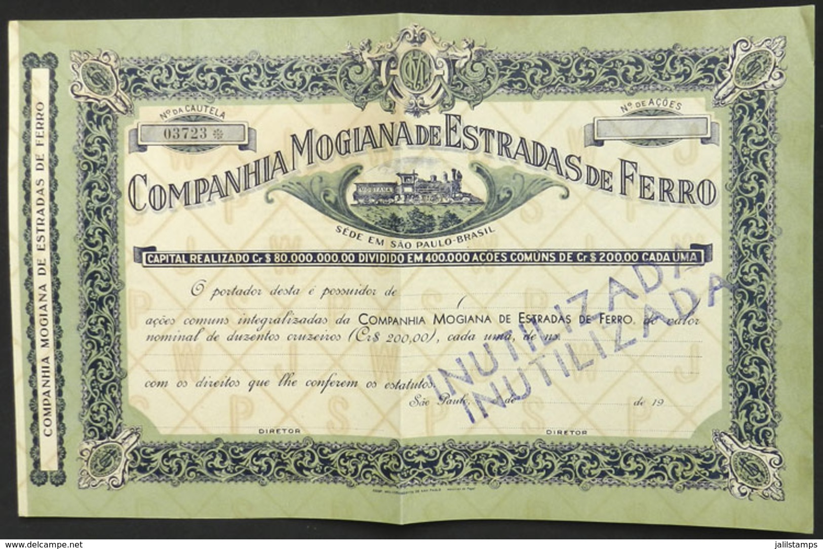 BRAZIL: Bond Certificate Of The Companhia Mogiana De Estradas De Ferro, Handstamped INUTILIZADA, Very Nice!" - Autres & Non Classés