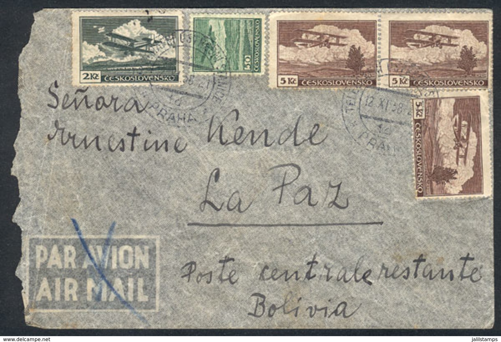 CZECHOSLOVAKIA: Cover Franked With 17.50K., Sent By Air Post To BOLIVIA On 12/NO/1938, On Reverse Praha And Buenos Aires - Autres & Non Classés