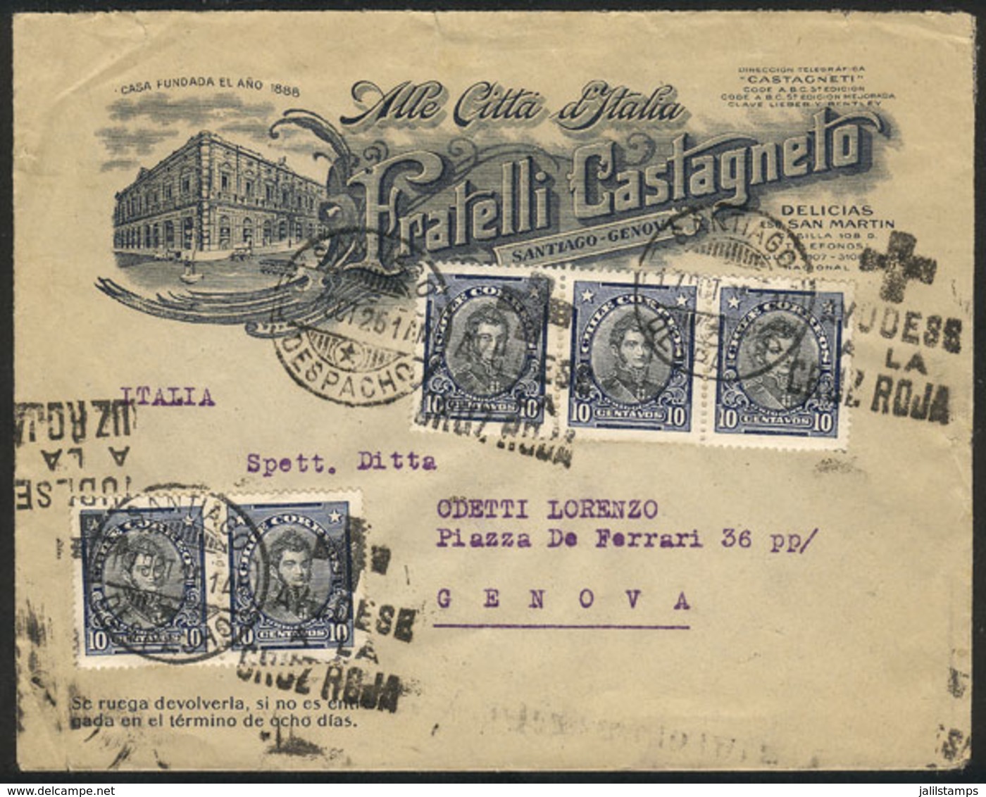 CHILE: Very Attractive Advertising Cover Of A Store In Santiago, Franked With 50c. And Sent To Italy On 17/OC/1925, Post - Chili