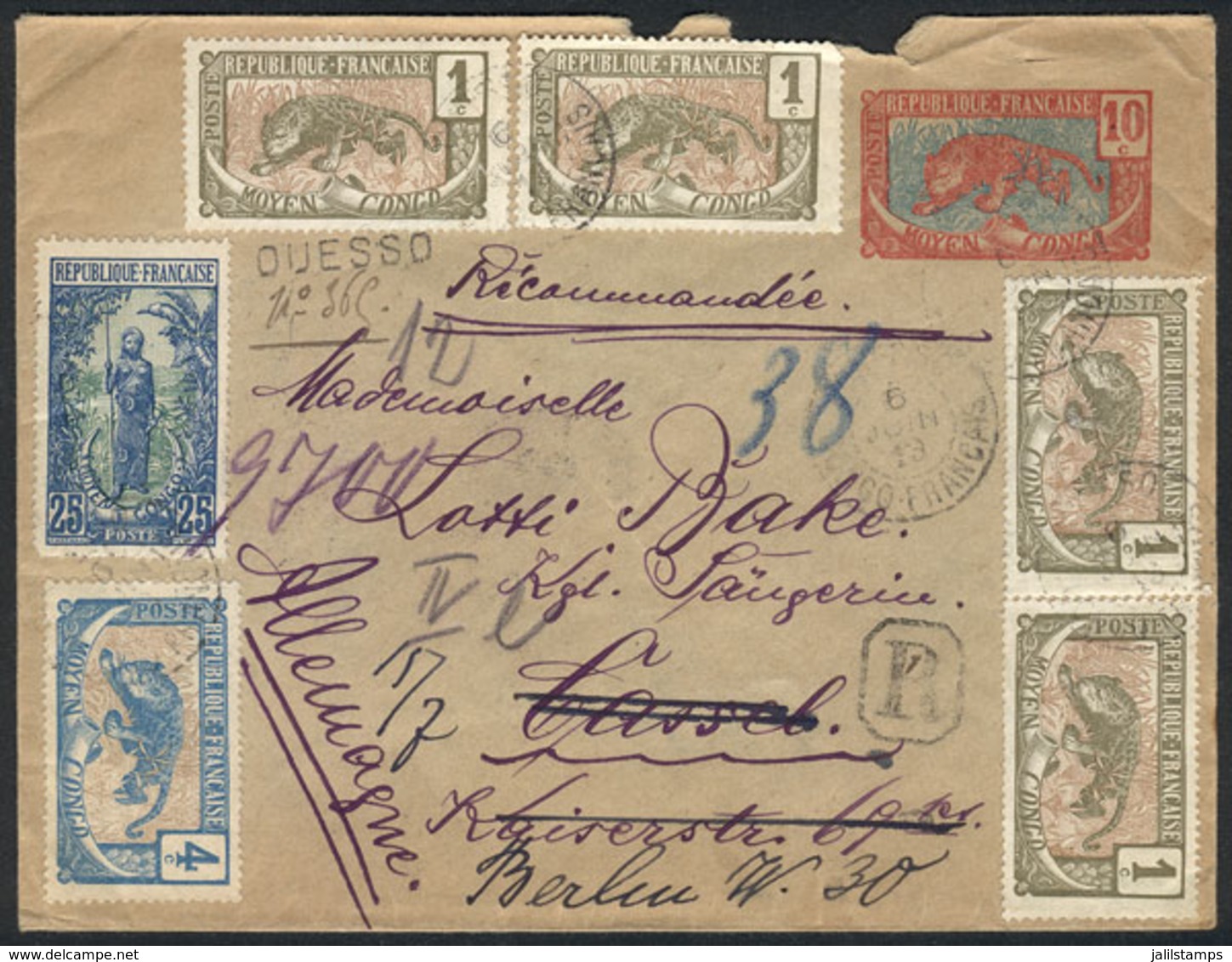 FRENCH CONGO: 10c. Postal Cover (PS) + Scott 1 X5 + 2 Strip Of 3 + 4 + 10, Sent Registered From QUESSO To Germany On 6/J - Andere & Zonder Classificatie