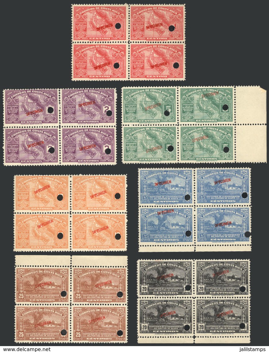 COSTA RICA: Sc.129/135, 1924 Centenary Of Annexation Of Province Of Guanacaste, Set Of 7 Blocks Of 4 With SPECIMEN Overp - Costa Rica