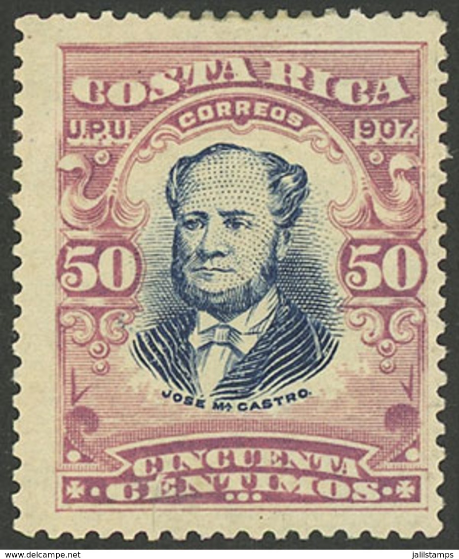 COSTA RICA: Sc.66a, 1907 50c. José Castro Perforation 14, Mint Original Gum, Rare - Costa Rica