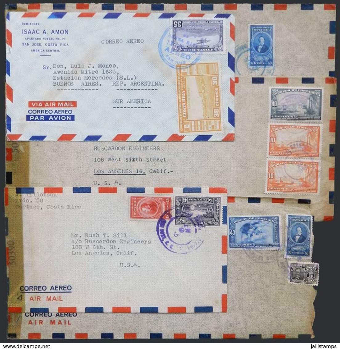 COSTA RICA: 5 Covers Used Between 1944 And 1954, Nice Postages, Several Censored, VF General Quality! - Costa Rica