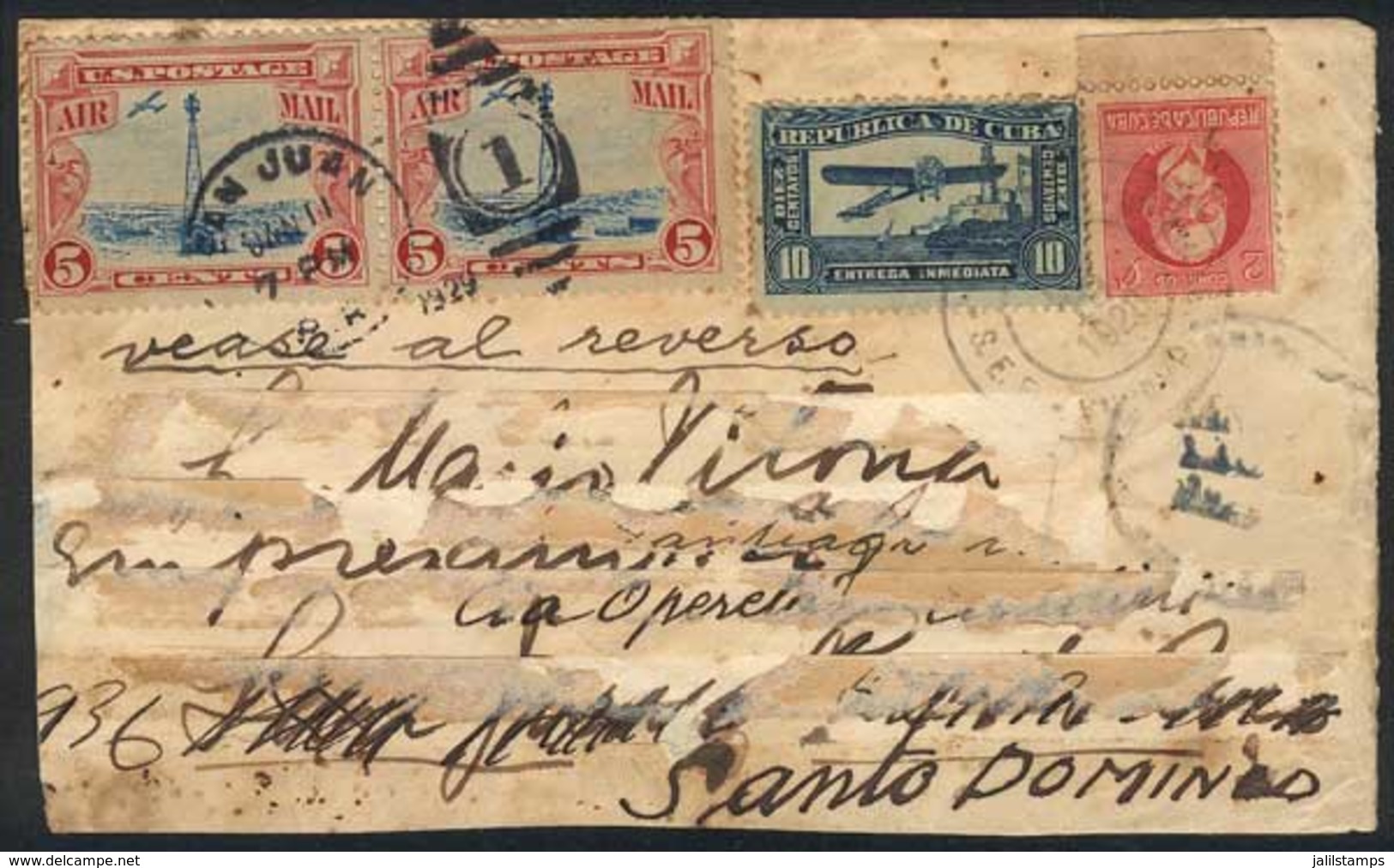 CUBA: Cover With Cuba-USA Combined Postage, Flown On First Flight From Santo Domingo (Dominican R.) To Santiago De Cuba. - Other & Unclassified