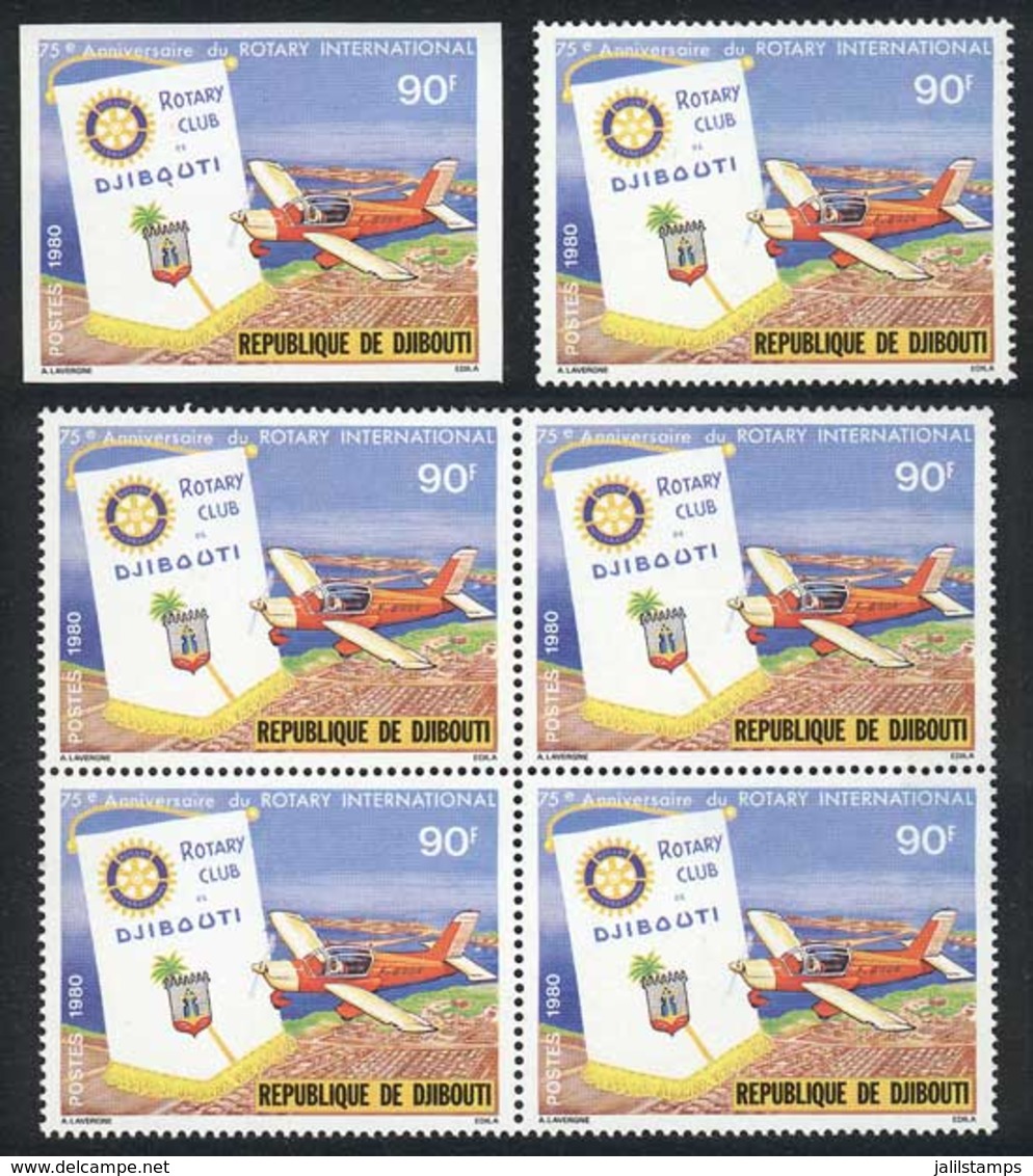 DJIBOUTI: Sc.509, 1980 Rotary International, Airplane, Single + Block Of 4 + IMPERFORATE Single, Excellent Quality! - Dschibuti (1977-...)