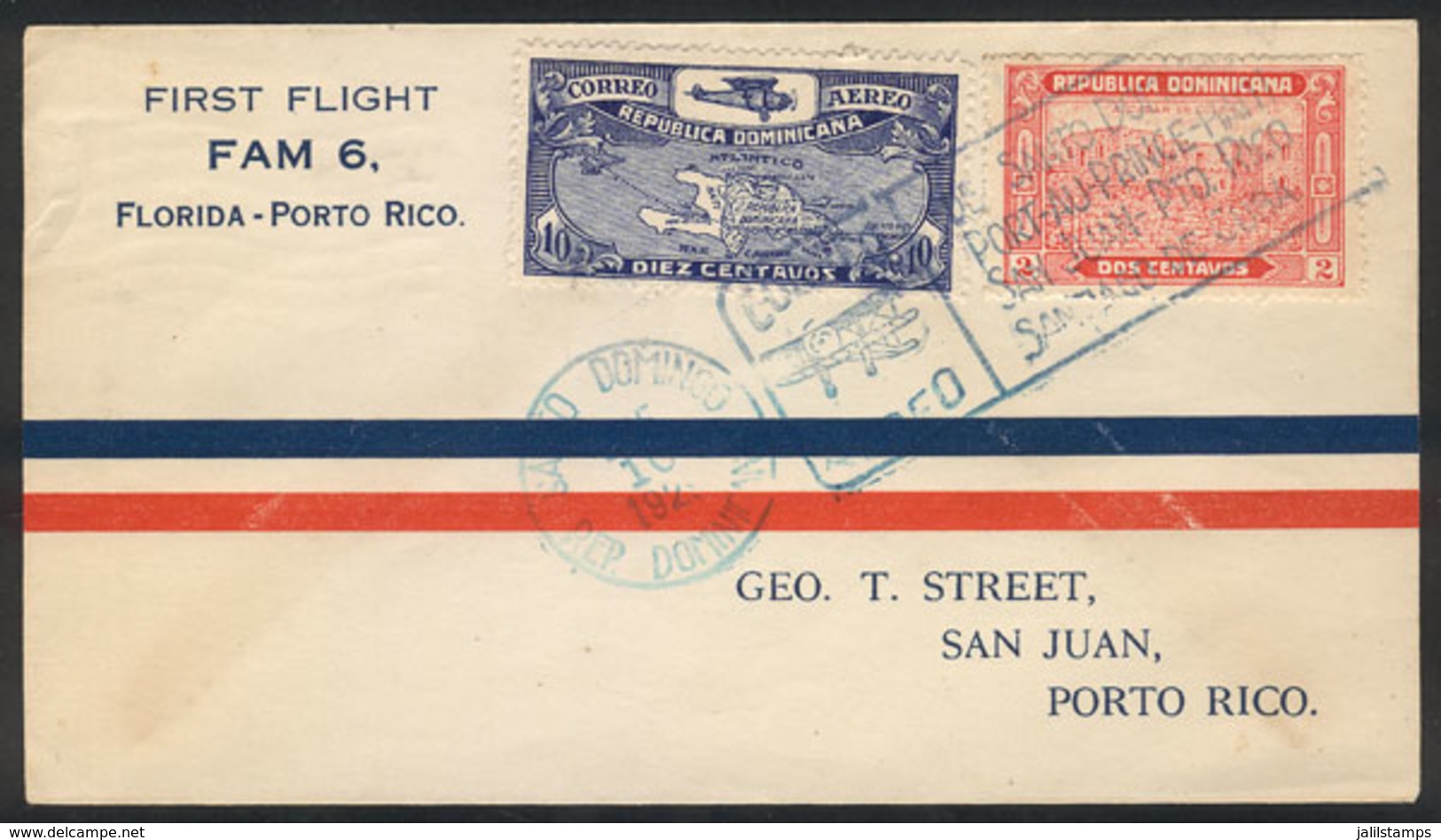 DOMINICAN REPUBLIC: 10/JA/1929 Santo Domingo - San Juan, First Flight FAM 6, With Arrival Backstamp, Excellent Quality! - Dominikanische Rep.