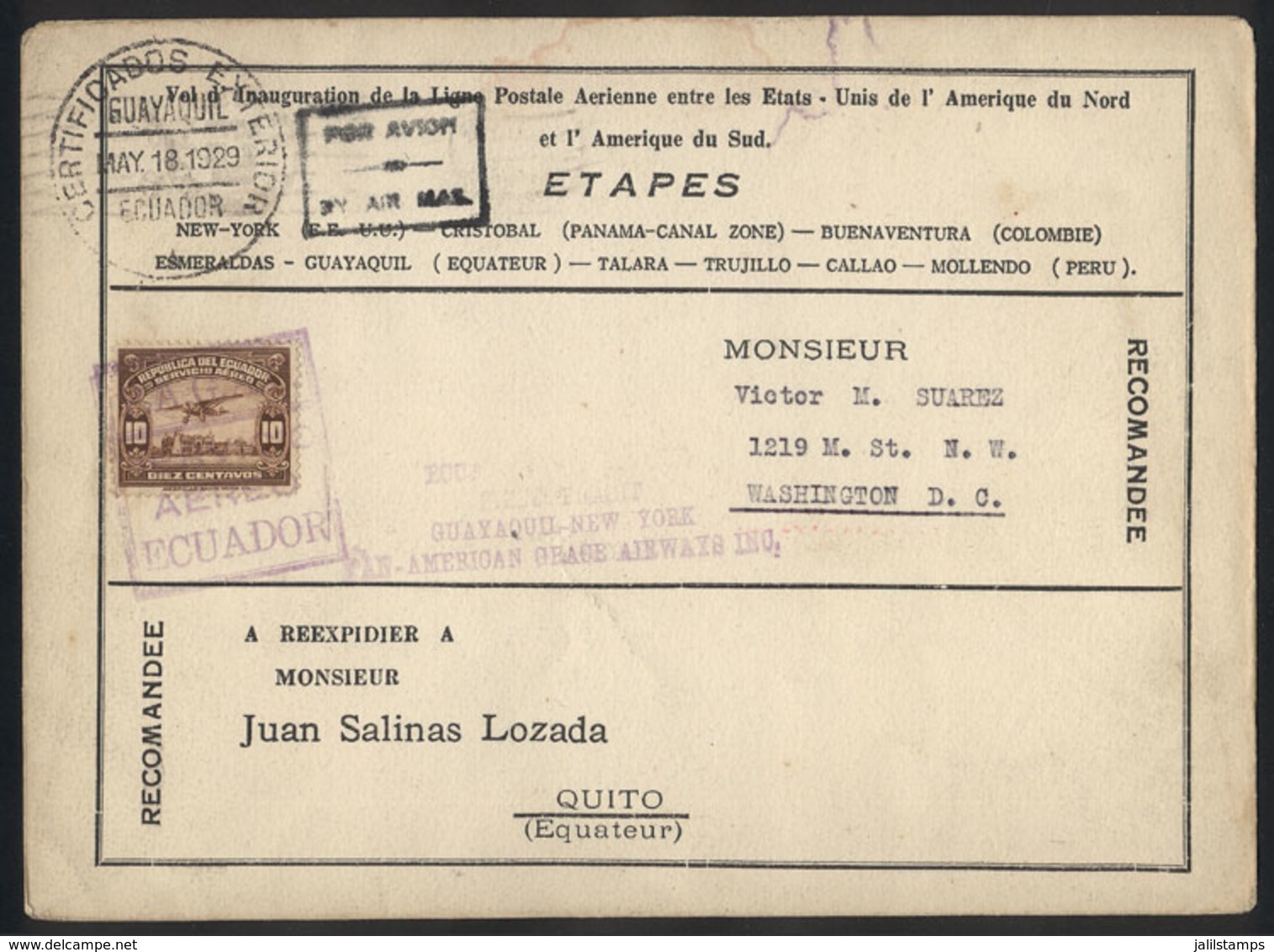 ECUADOR: 18/MAY/1929 Guayaquil - Cristobal: PANAM First Flight, With Arrival Backstamp, VF Quality! - Ecuador