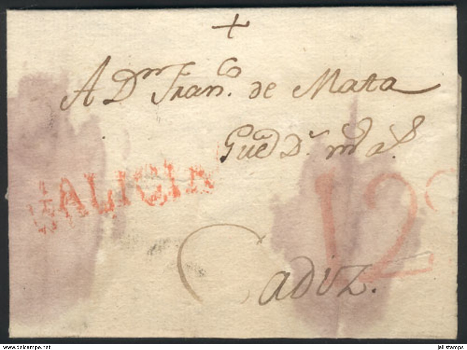 SPAIN: 30/JUN/1787 CORUÑA - Cádiz: Very Old Entire Letter (with Some Spots Due To Humidity), With Red GALICIA And 12c Ma - Andere & Zonder Classificatie