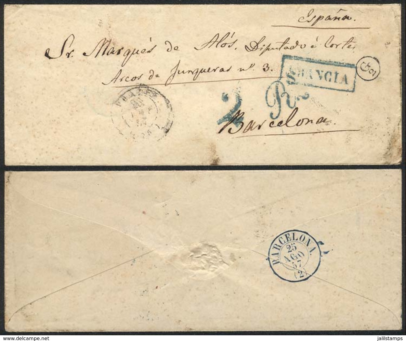 SPAIN: Cover Sent From PARIS To Sr. Marqués De Alós, Diputado A La Corte, Barcelona, With Several Postal Marks: Paris Da - Autres & Non Classés