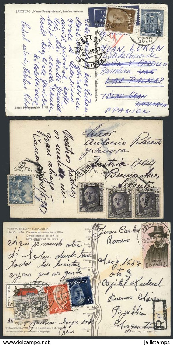 SPAIN: 3 Postcards Used With Good Postages Between 1963 And 1967, One Registered To Argentina, Another One Sent From Aus - Autres & Non Classés