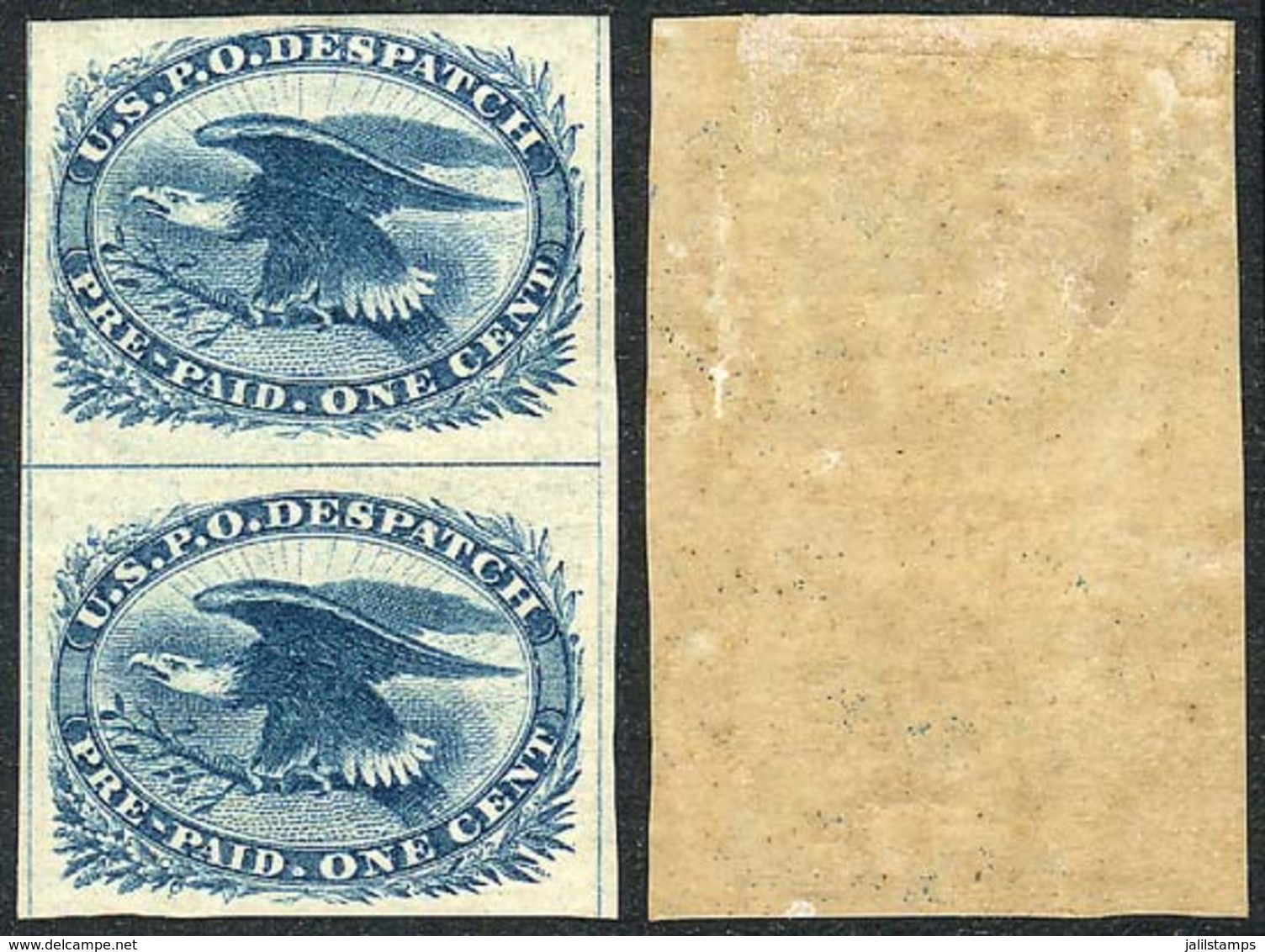 UNITED STATES: Sc.LO2, 1851 Eagle 1c. Blue, Beautiful Vertical Pair, The Lower Stamp MNH, Very Fine Quality, Catalog Val - Sonstige & Ohne Zuordnung