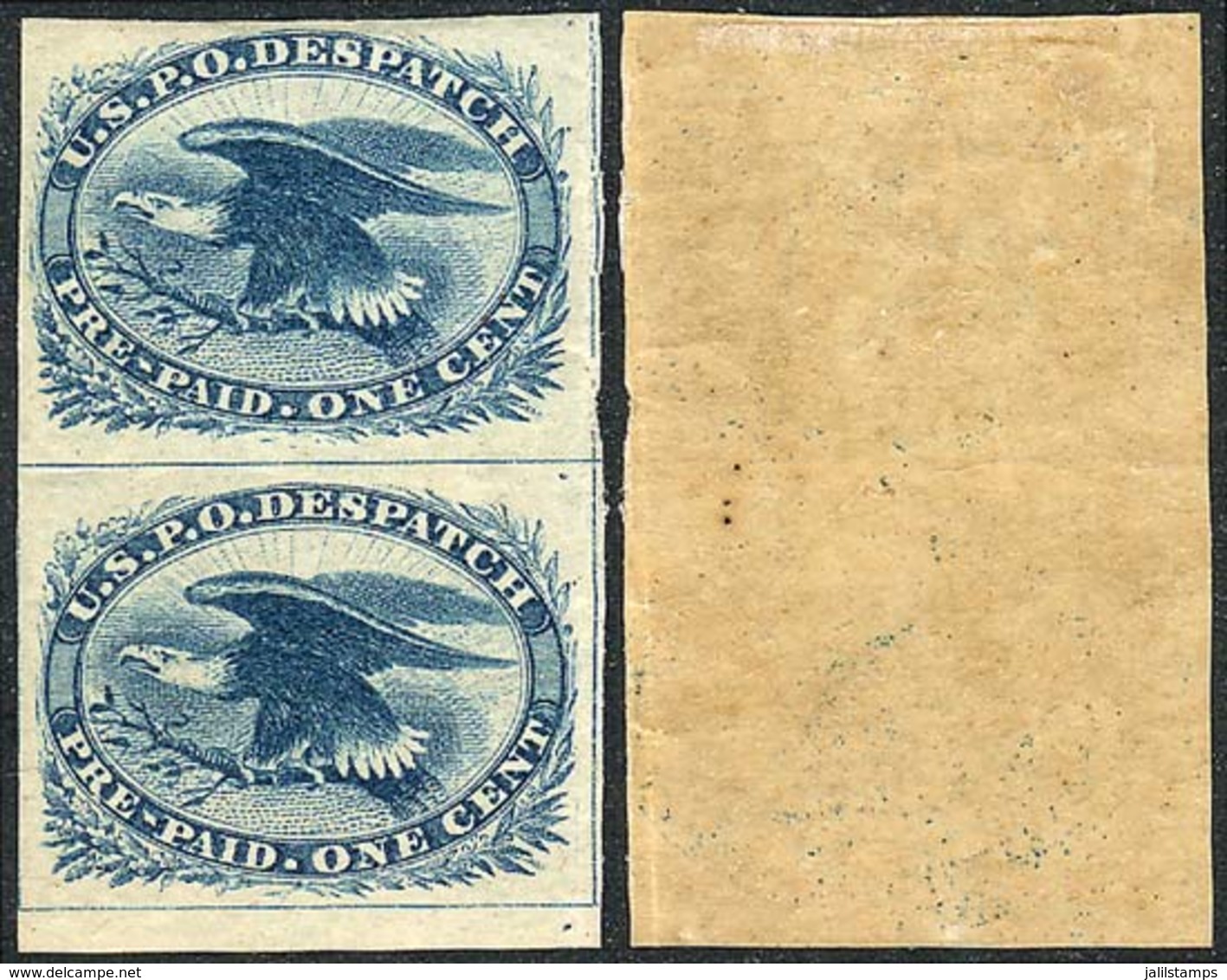 UNITED STATES: Sc.LO2, 1851 Eagle 1c. Blue, Beautiful Vertical Pair, The Lower Stamp MNH, Very Fine Quality, Catalog Val - Sonstige & Ohne Zuordnung