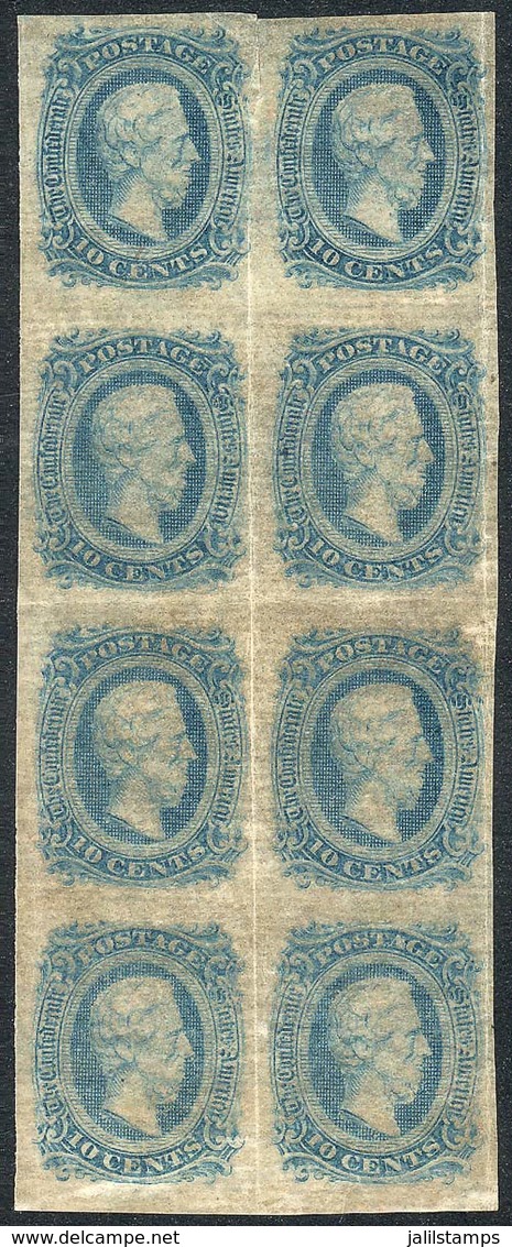 UNITED STATES: Sc.11a, 1863/4 10c. Milky Blue, Fantastic Block Of 8 With HORIZONTALLY LAID PAPER Variety, Very Fine Qual - 1861-65 Confederate States