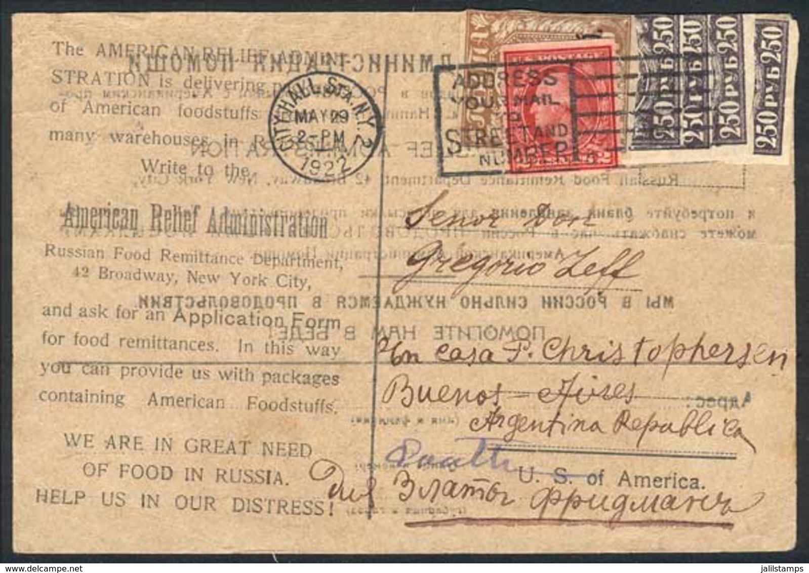 UNITED STATES: Card Of The American Relief Administration, Russian Food Remittance Department, Sent From Russia With Unc - Marcophilie