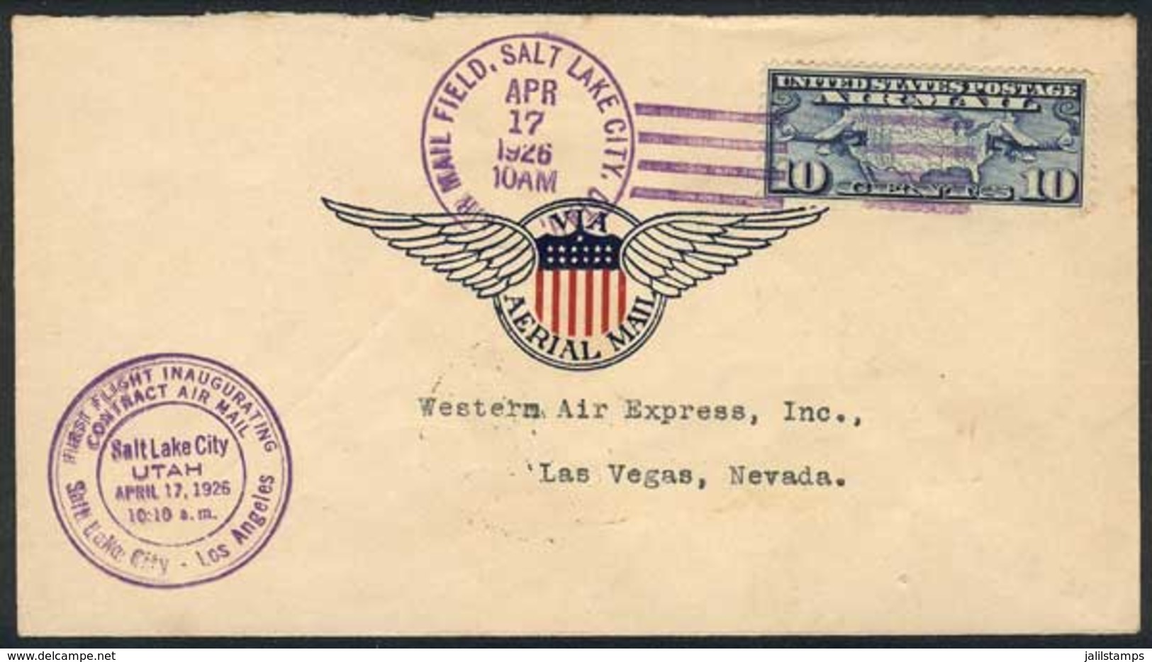 UNITED STATES: 17/AP/1926 Salt Lake City-Los Angeles First Flight Cover, Sent With Final Destination To Nevada (arrival  - Poststempel