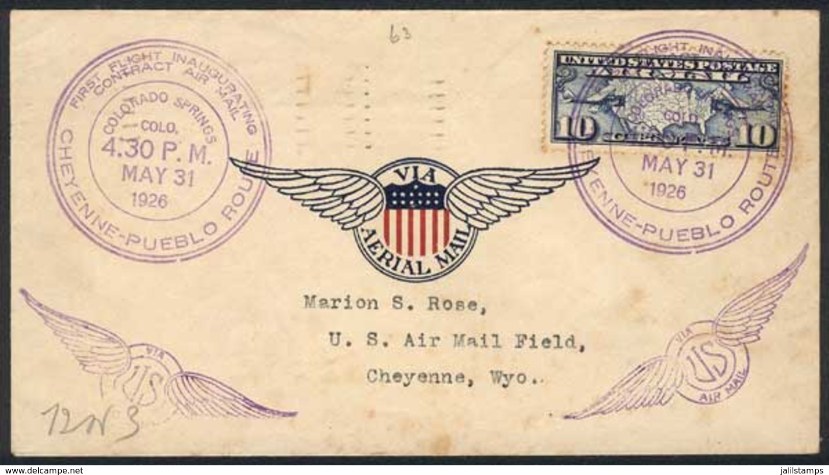 UNITED STATES: 26/MAY/1931 Cheyenne-Pueblo Route First Flight Cover, Interesting! - Marcophilie