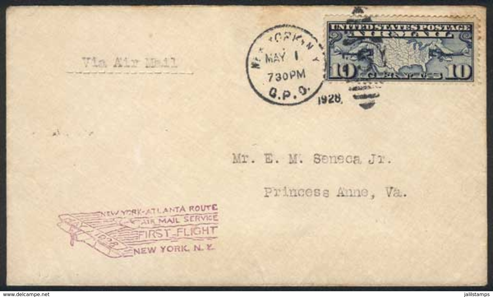 UNITED STATES: 1/MAY/1928 New York-Atlanta Route First Flight Cover, With Washington DC Arrival Backstamp, VF Quality! - Postal History