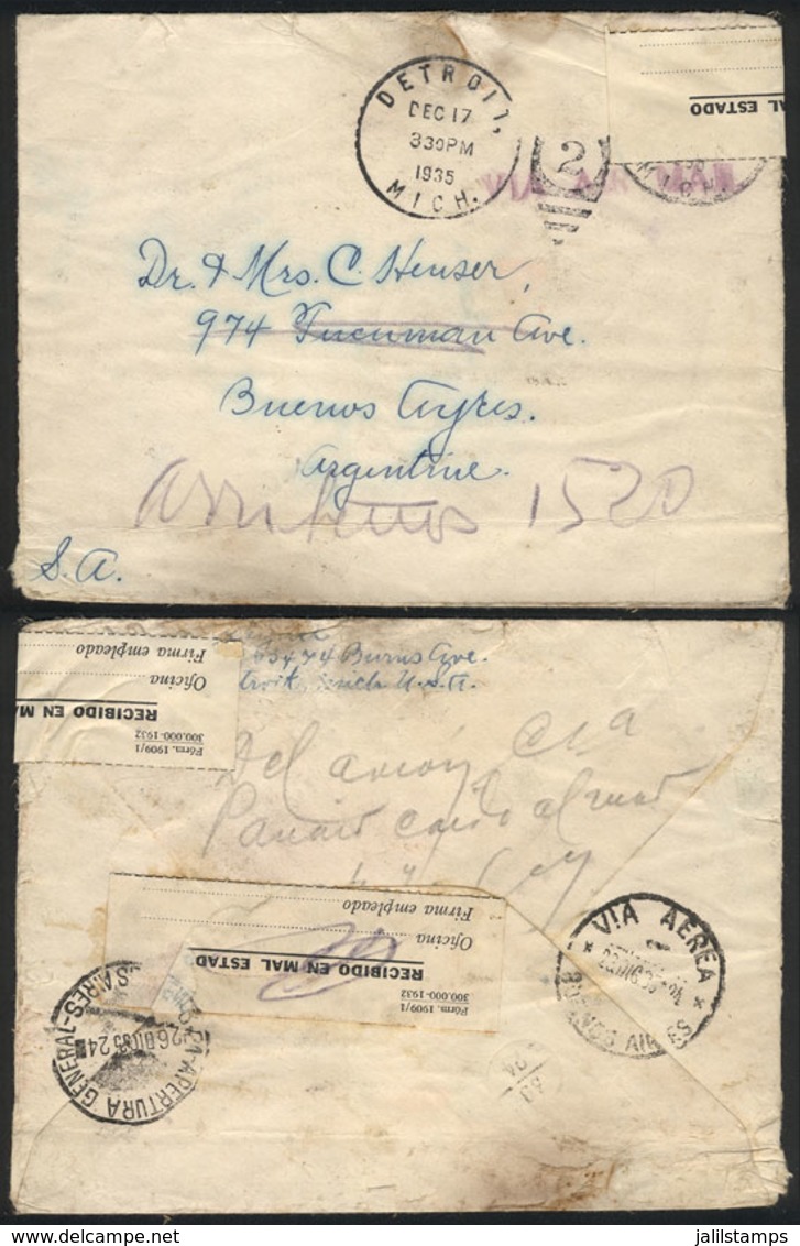 UNITED STATES: AIRPLANE ACCIDENT: Cover Sent From Detroit To Buenos Aires On 17/DE/1935, With Signs Of Having Been In Th - Marcophilie