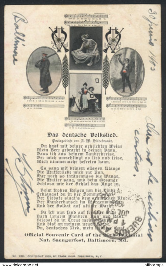 UNITED STATES: BALTIMORE: Official Souvenir Card Of The 20th. Triennial Nat. Saengerfest, Sent To Buenos Aires In 1903,  - Autres & Non Classés