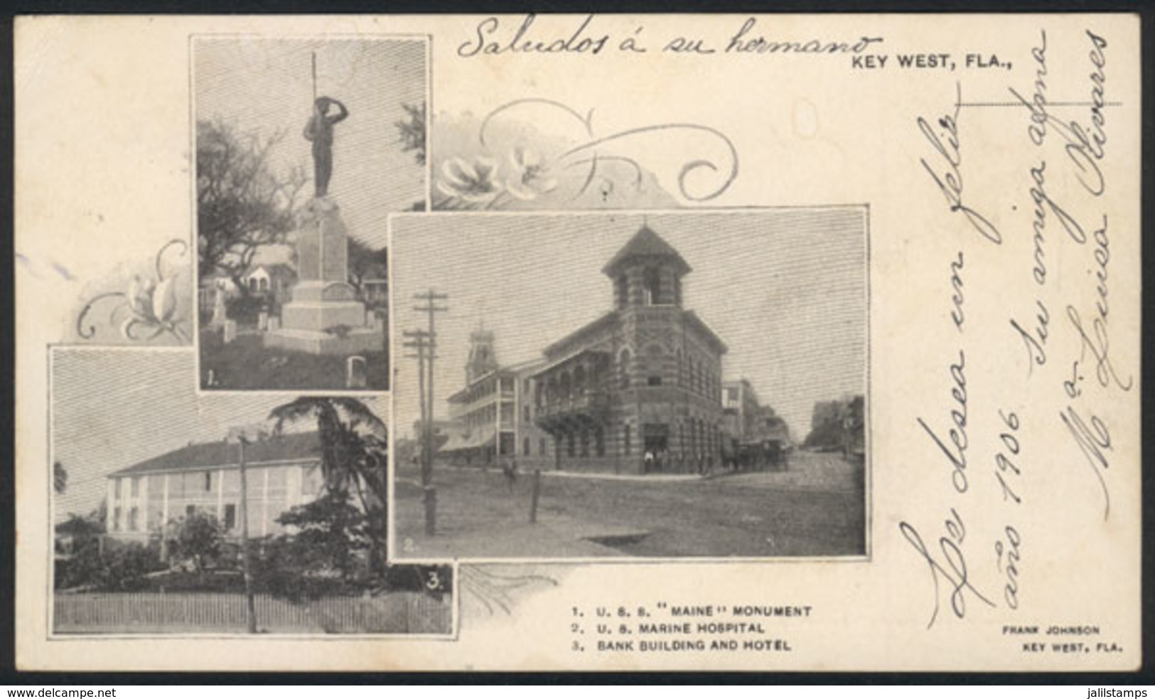 UNITED STATES: KEY WEST, FL: PC Showing Views Of Maine Monument, Marine Hospital, Bank Building And Hotel, Sent From CUB - Other & Unclassified