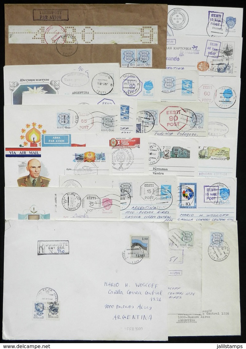 ESTONIA: 21 Covers, Most Sent To Argentina In 1991/2, Interesting Postages With Provisional Stamps, Russian Overprinted  - Estland