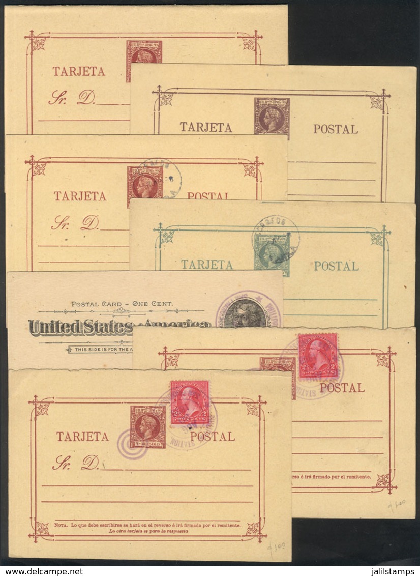 PHILIPPINES: Interesting Group Of 7 Old Postal Cards: 2 From The Spanish Rule Period Uprated With USA Stamp Of 2c., With - Filippijnen